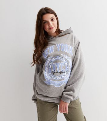 Girls Grey New York Logo Long Hoodie New Look