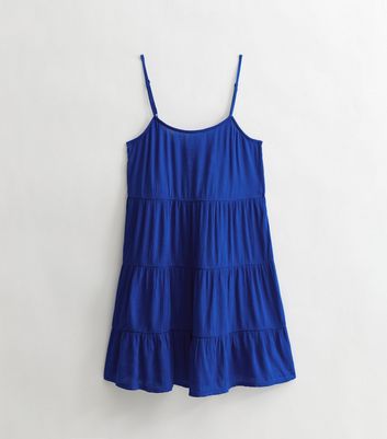 Bright Blue Crinkle Strappy Tiered Mini Swing Beach Dress New Look