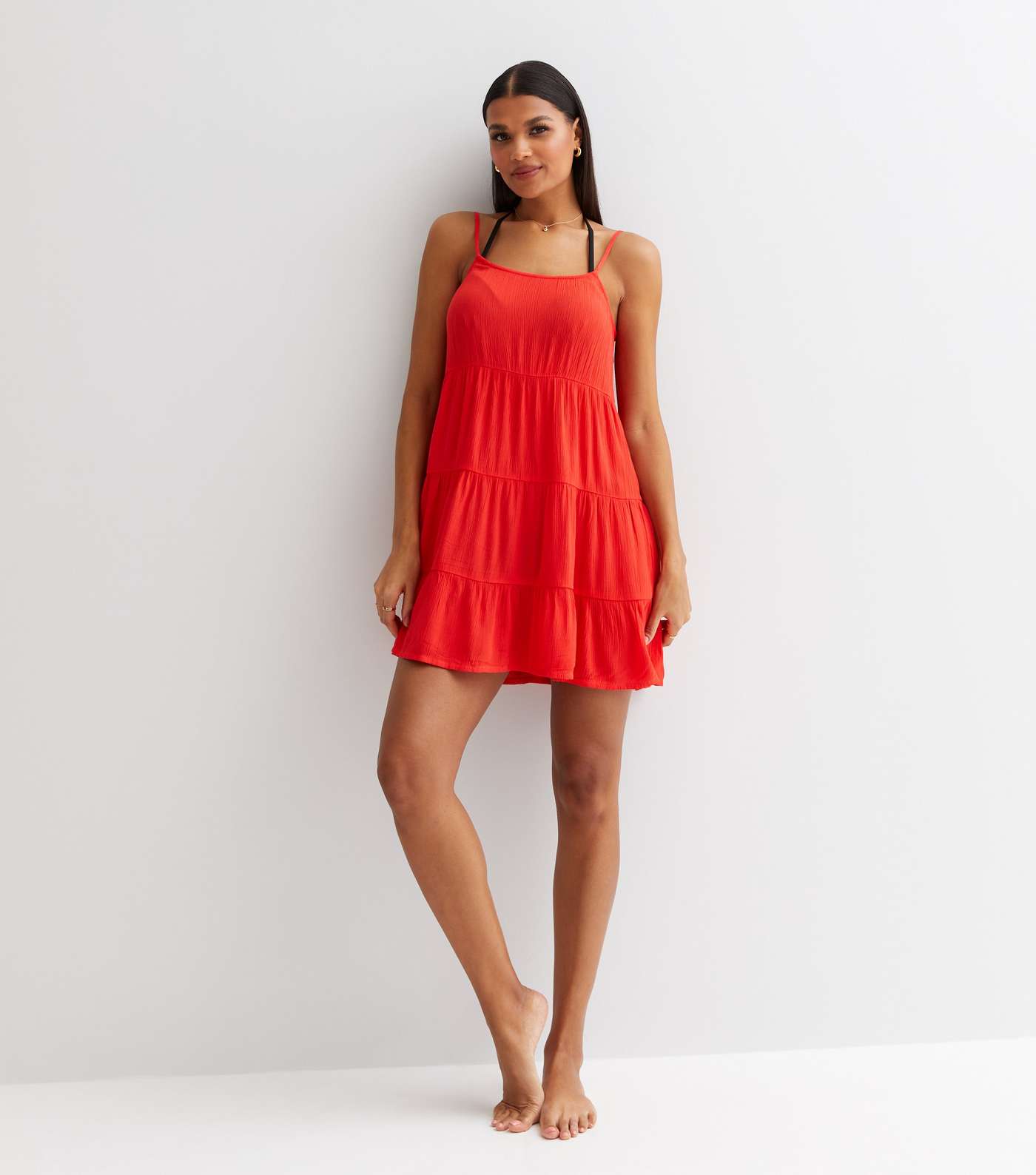 Red Crinkle Strappy Tiered Mini Swing Beach Dress