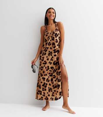 Brown Leopard Print Strappy Maxi Beach Dress
