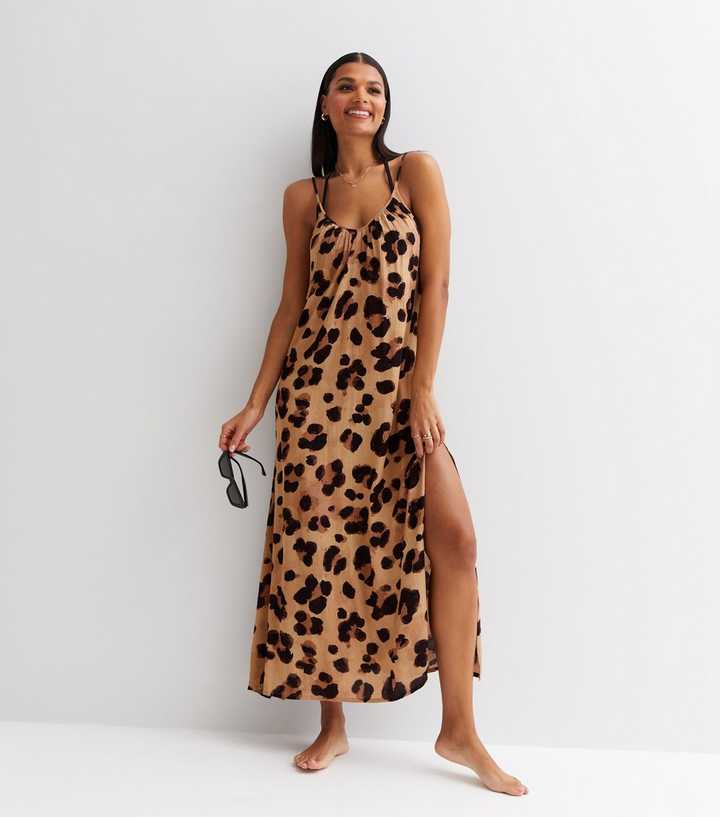 Elendig Konsekvenser pyramide Brown Leopard Print Strappy Maxi Beach Dress | New Look