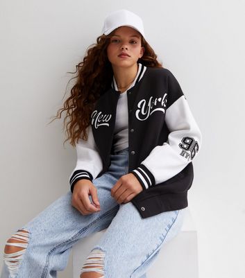 Girls Black Jersey New York Varsity Logo Bomber Jacket New Look