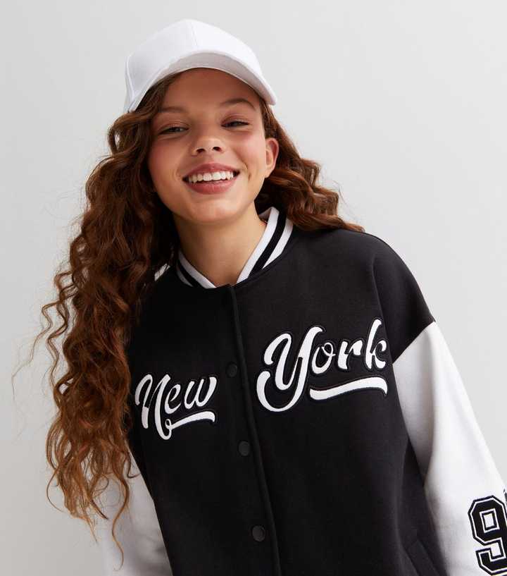 Girls Black Jersey New York Varsity Logo Bomber Jacket