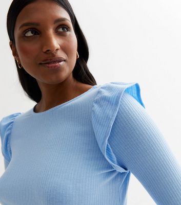 Pale Blue Ribbed Knit Long Frill Sleeve Top