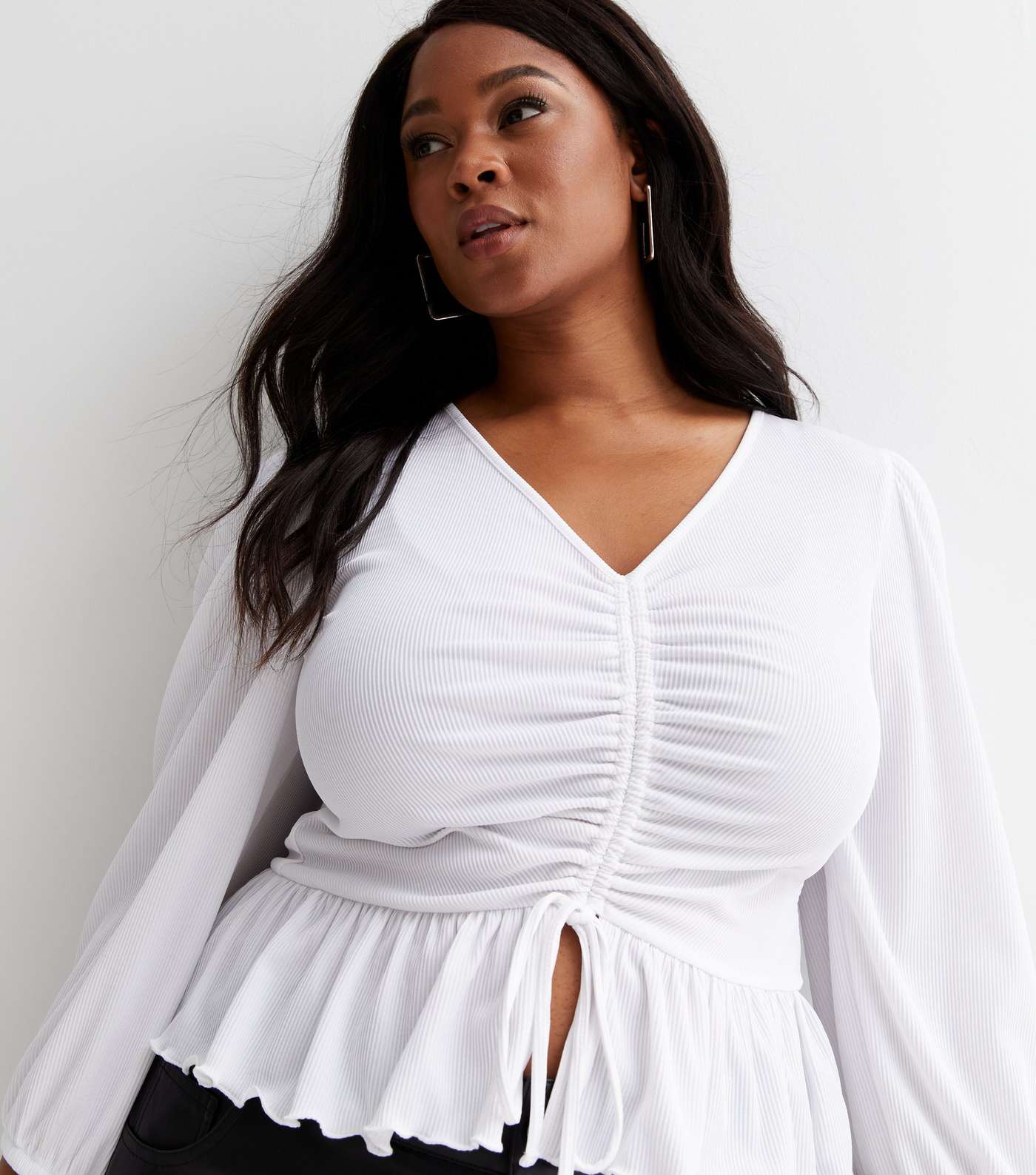Curves White Ribbed Ruched Puff Sleeve Peplum Top | New Look