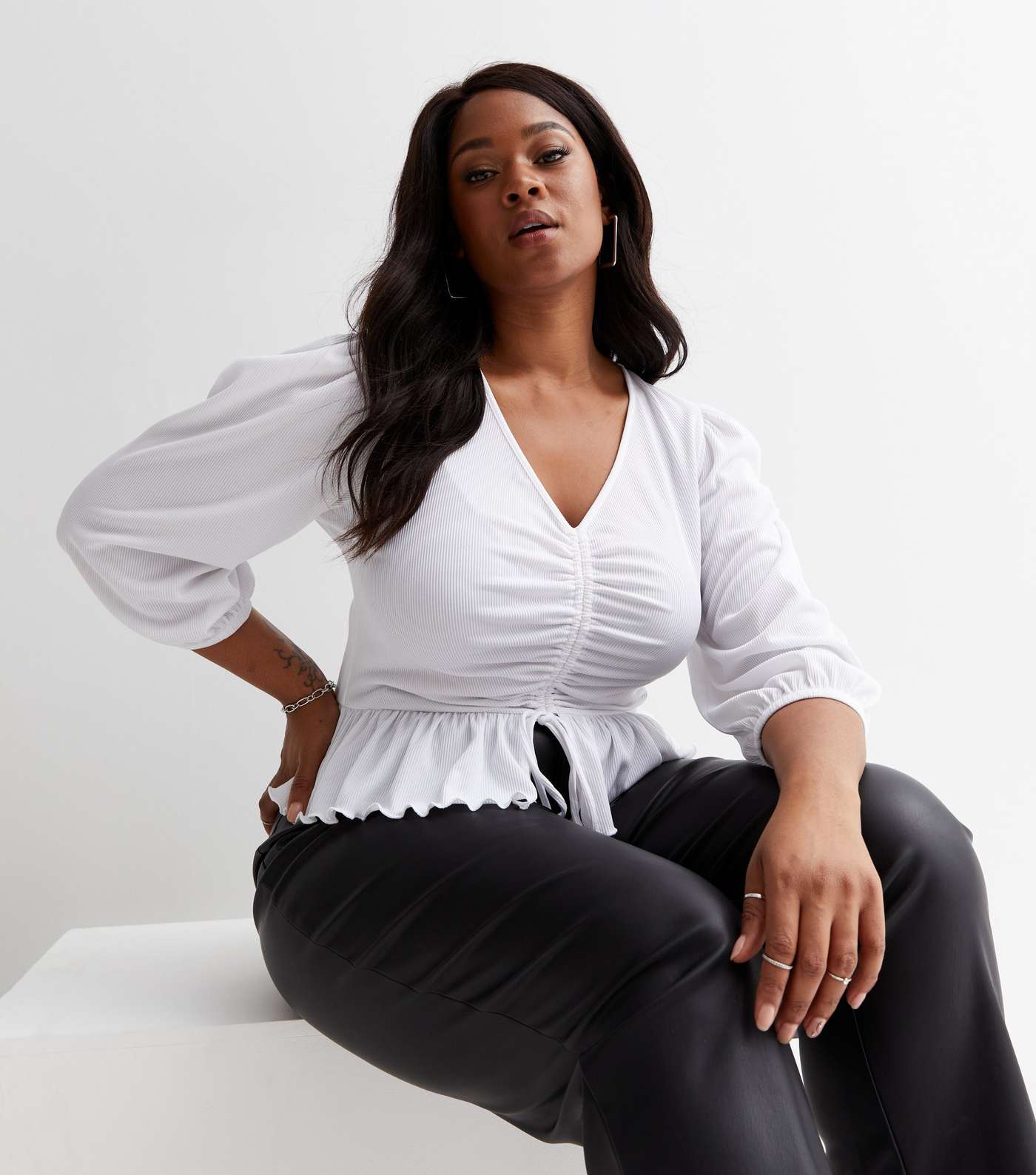 Curves White Ribbed Ruched Puff Sleeve Peplum Top | New Look