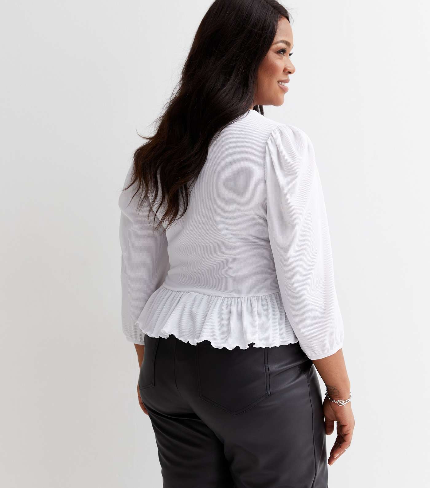 Curves White Ribbed Ruched Puff Sleeve Peplum Top Image 4