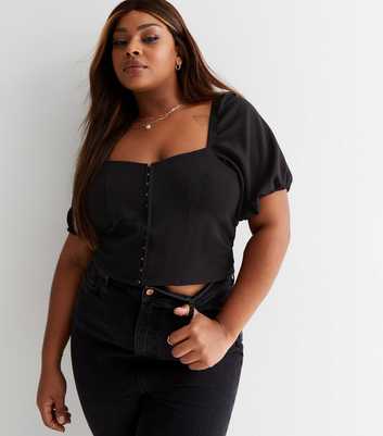 Curves Black Square Neck Short Puff Sleeve Corset Top