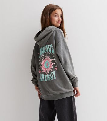 Girls Dark Grey Acid Wash Positive Energy Logo Long Hoodie