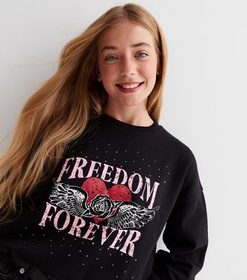 Girls Black Embellished Heart Logo 
