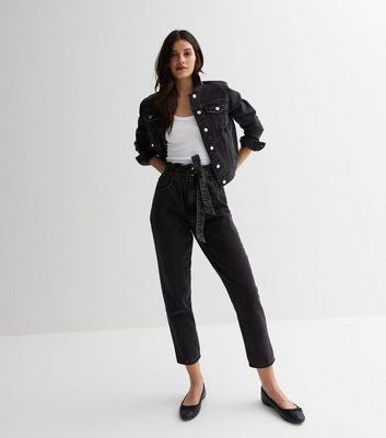 Ajio Black Paperbag Skinny Jeans Women Paperbag Straight Mid-Rise