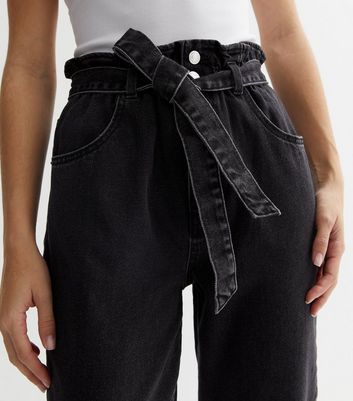 Washed Black Paperbag High Waist Belted Dayna Tapered Jeans | New Look