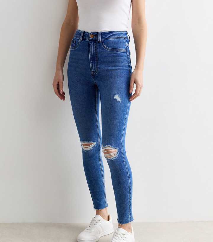 Bright Blue Ripped Knee High Waist Hallie Super Skinny Jeans