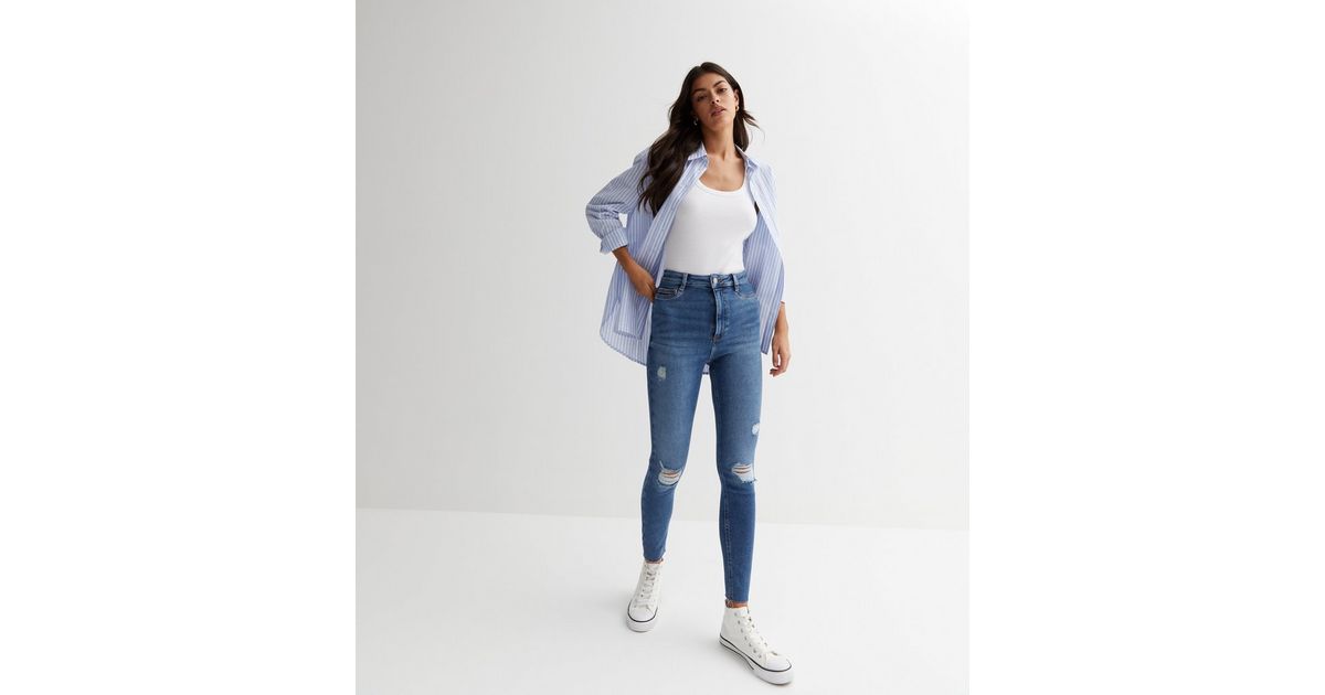Blue Ripped Knee High Waist Hallie Super Skinny Jeans | New Look