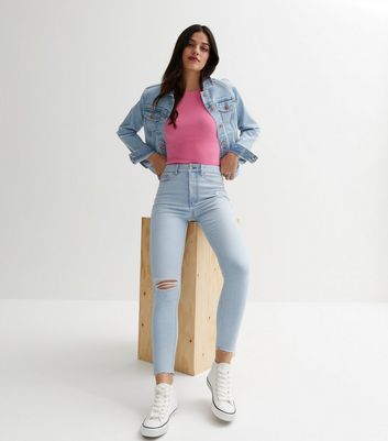 Pale Blue Ripped Knee High Waist Hallie Super Skinny Jeans New Look