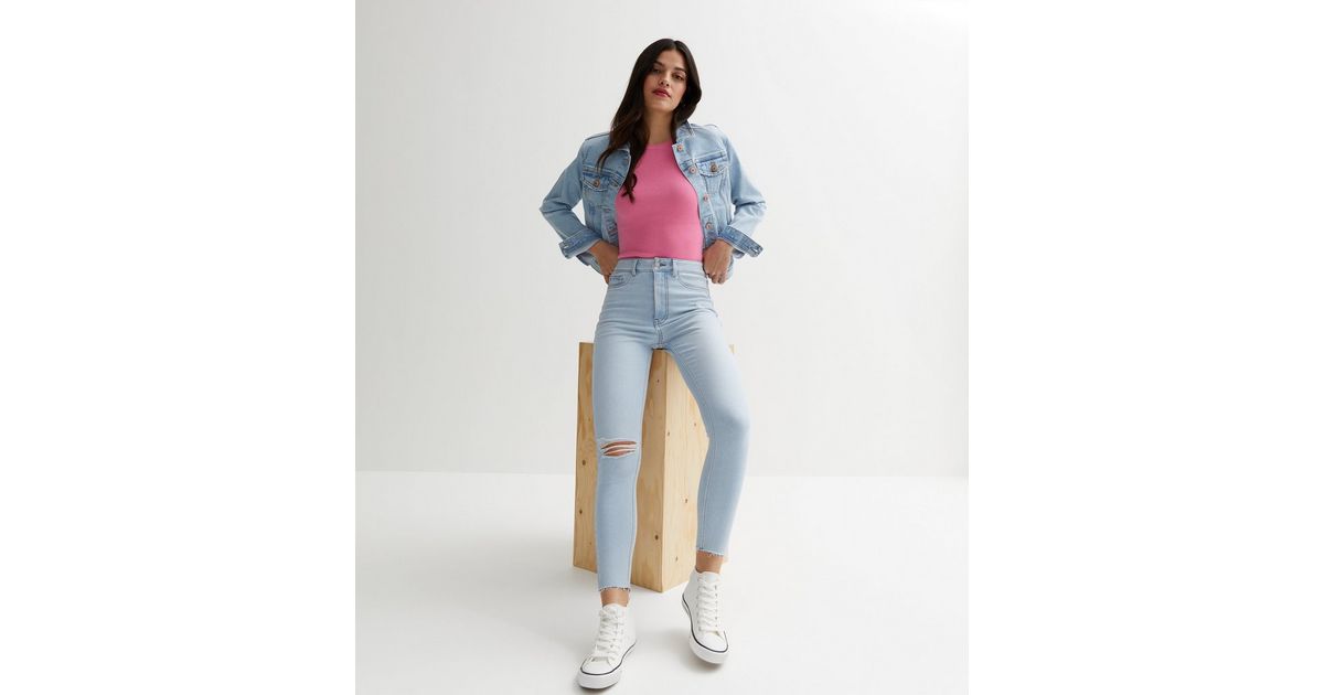 Pale Blue Ripped Knee High Waist Hallie Super Skinny Jeans | New Look