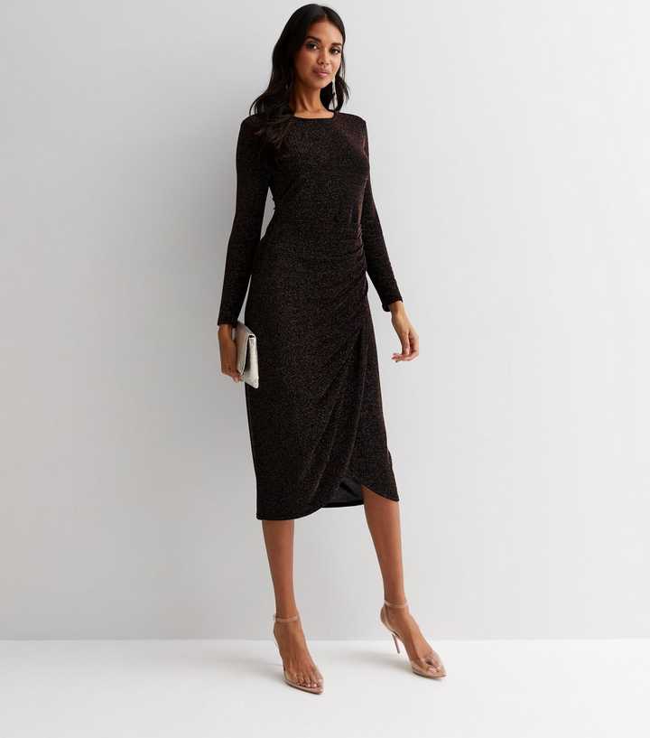Black Glitter Ruched Front Long Sleeve Midi Dress | New Look Black Glitter Ruched Front Long Sleeve Midi Dress | New Look