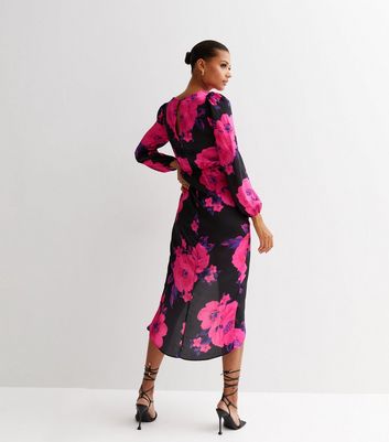 Black Floral Long Sleeve Tie Side Midi Wrap Dress New Look