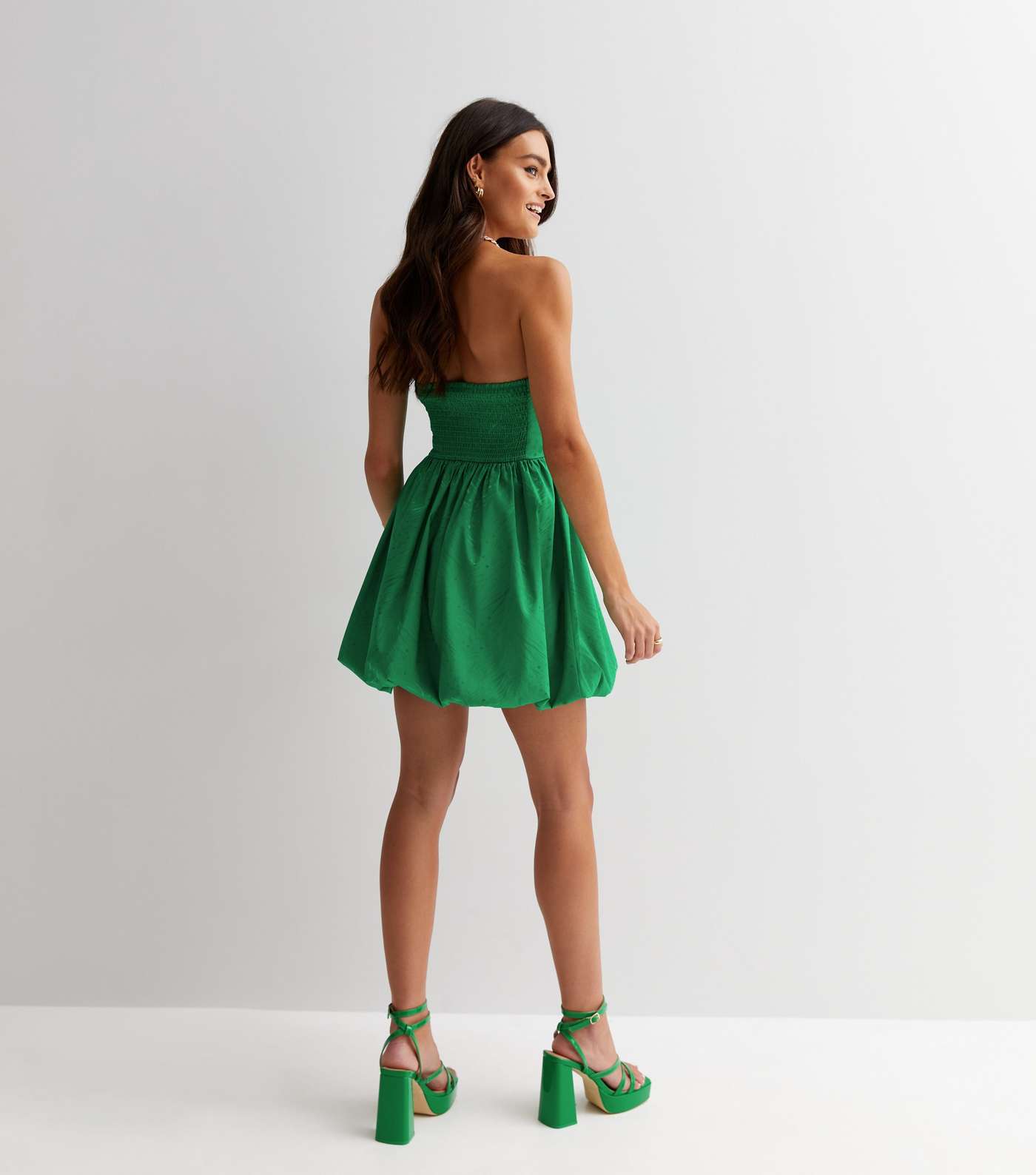 Green Satin Jacquard Bandeau Mini Puff Dress Image 4