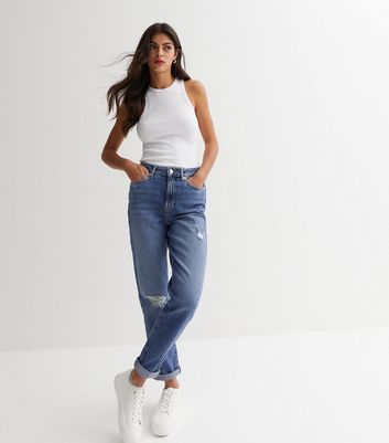 Blue Ripped Knee High Waist Tori Mom Jeans | New Look