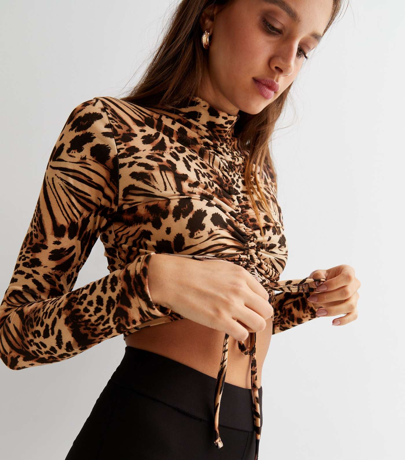 Brown Animal Print High Neck Ruched Tie Front Long Sleeve Crop Top