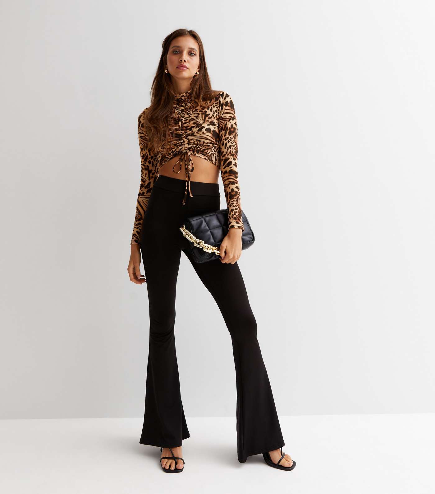 Brown Animal Print High Neck Ruched Tie Front Long Sleeve Crop Top Image 3