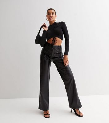 Black Slinky Ruched Front Long Sleeve Crop Top