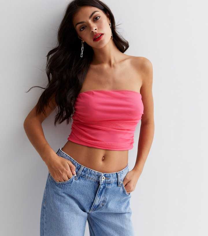 Bright Pink Mesh Bandeau Top New Look