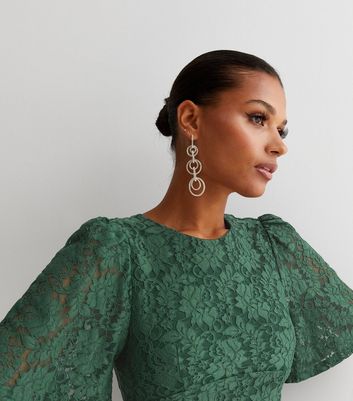 Dark Green Lace Cut Out Short Sleeves Midi Dress - TheCelebrityDresses