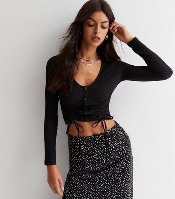Black Ruched Button Front Long Sleeve Crop Top New Look