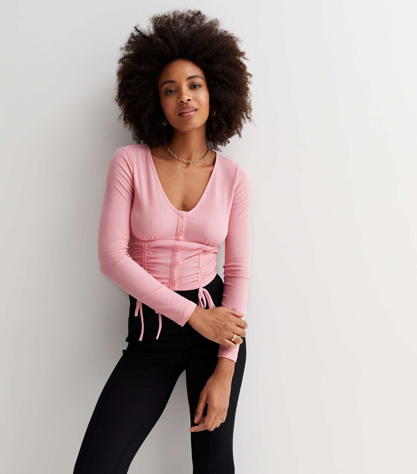 Mid Pink Ruched Button Front Long Sleeve Crop Top Image 2