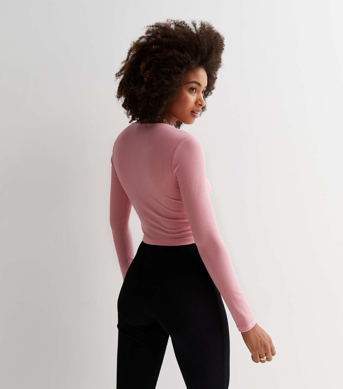 Mid Pink Ruched Button Front Long Sleeve Crop Top Image 4