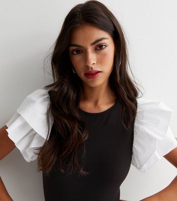 Black Ribbed Poplin Ruffle Puff Sleeve Bodysuit