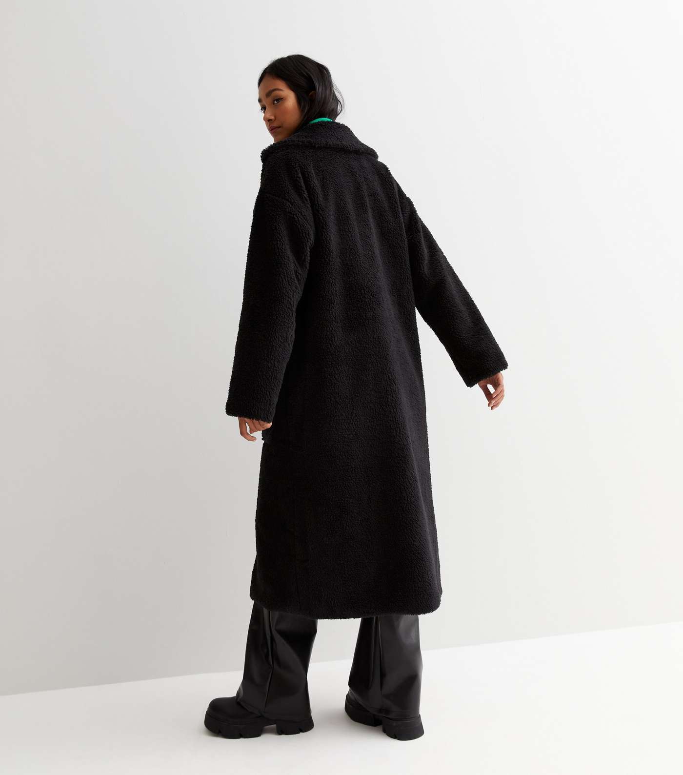 Gini London Black Teddy Pocket Front Long Coat Image 4