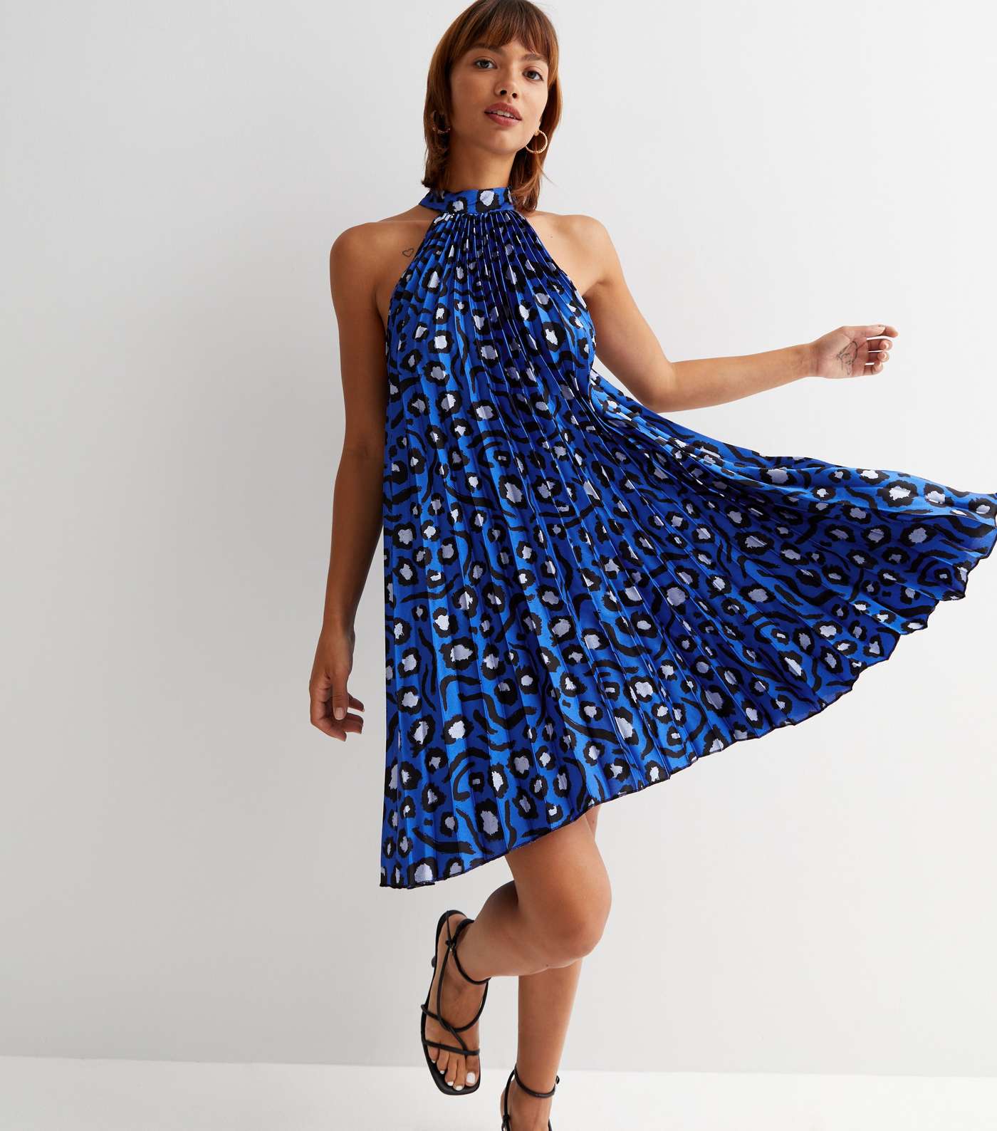 Blue Leopard Print Satin Pleated Halter Mini Dress Image 2