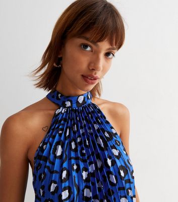 Blue Leopard Print Satin Pleated Halter Mini Dress New Look