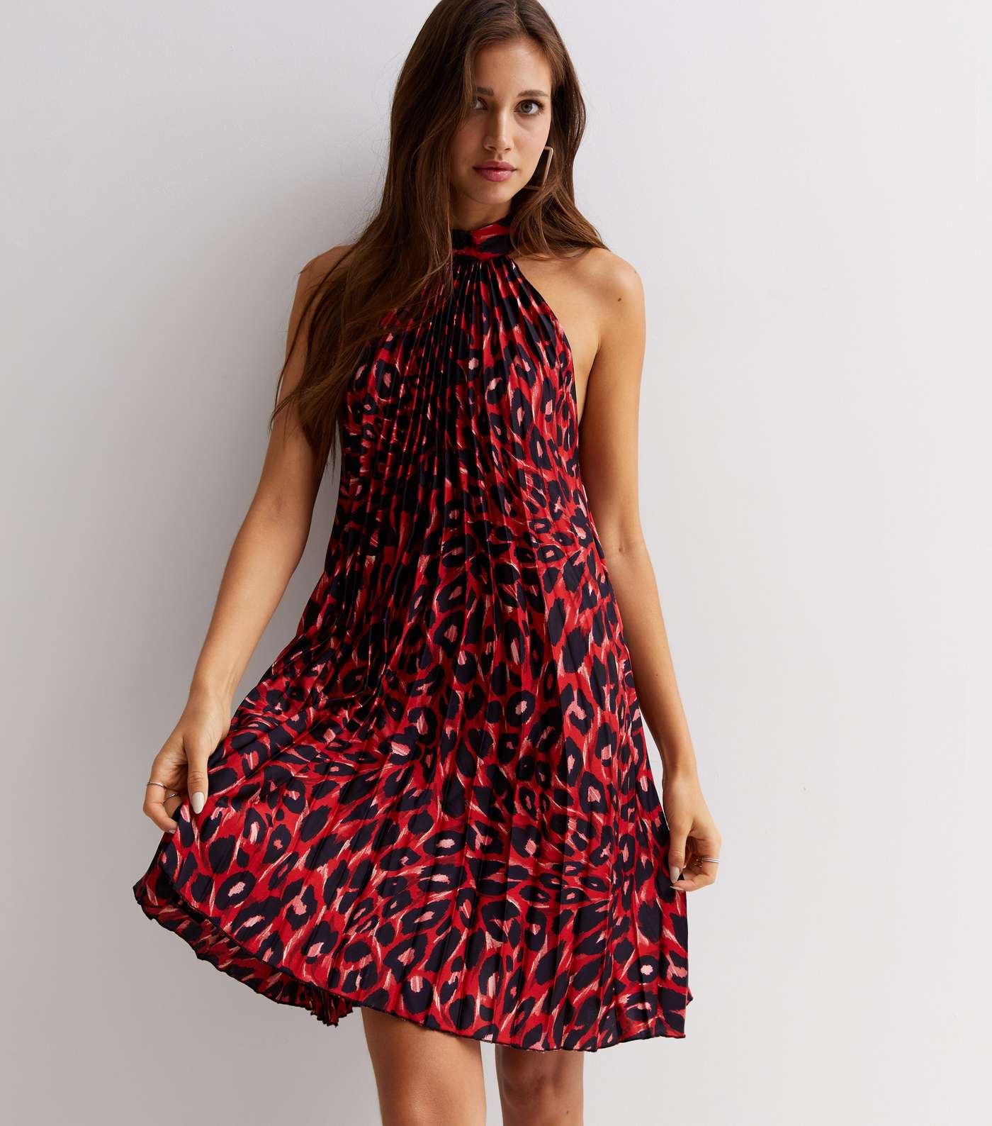 Red Leopard Print Satin Pleated Mini Halter Dress
