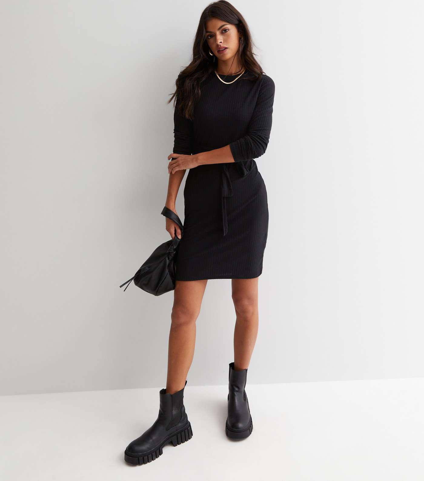 Black Ribbed Jersey Belted Long Sleeve Mini Dress