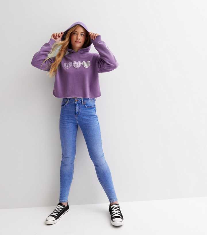 Girls Purple Heart Logo Raw Hem Hoodie | New Look