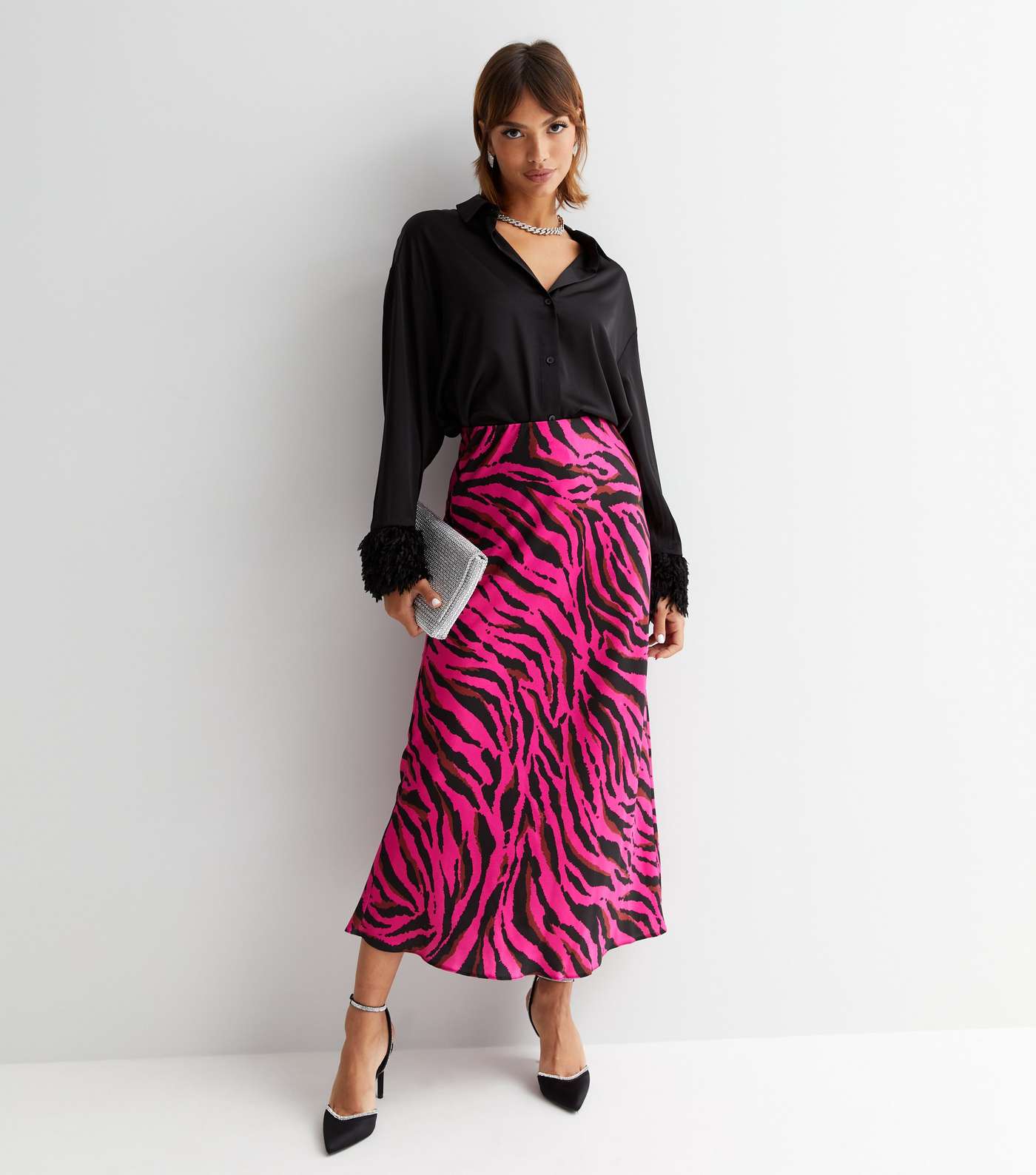 Pink Zebra Print Satin Bias Cut Midi Skirt