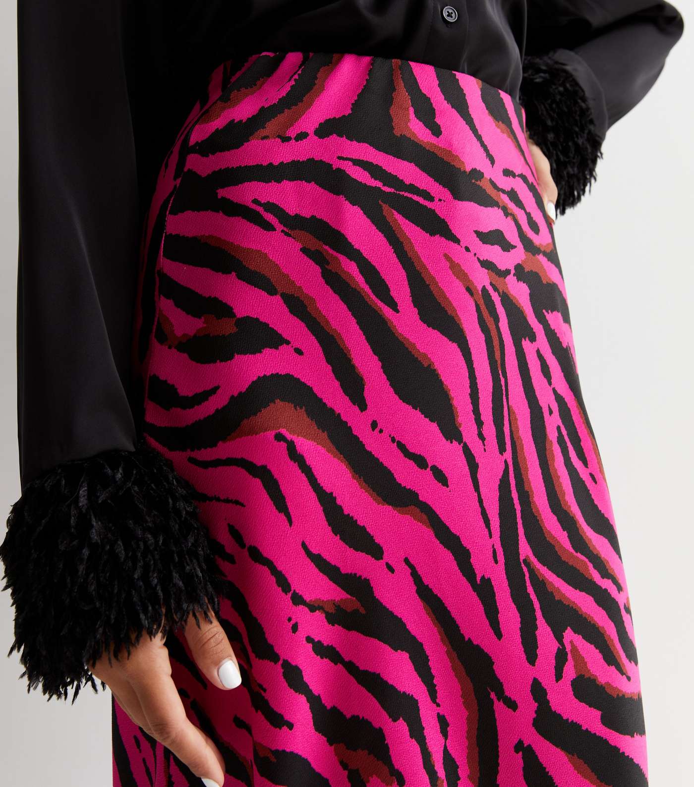 Pink Zebra Print Satin Bias Cut Midi Skirt Image 3