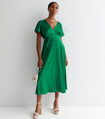 Cameo Rose Green Satin Tie Back Midi Wrap Dress | New Look