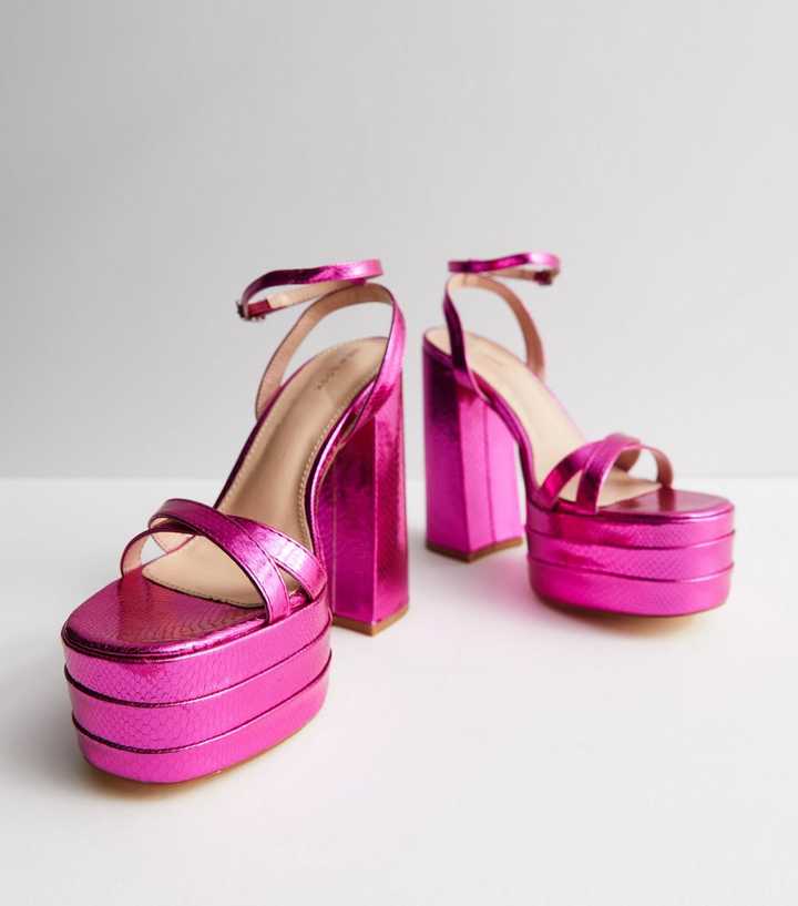 Bright Pink Faux Croc Platform Block Heel Sandals