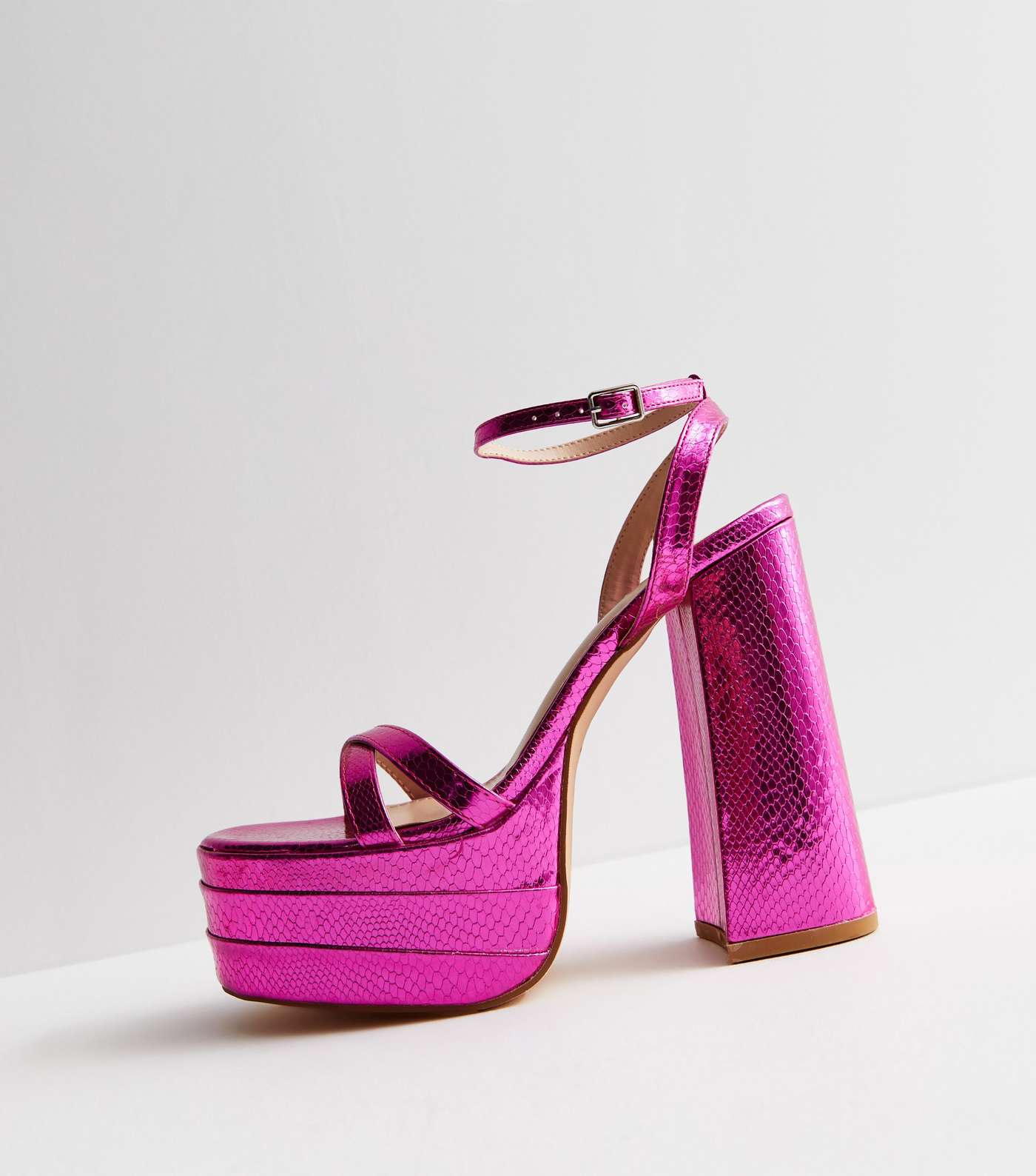 Bright Pink Faux Croc Platform Block Heel Sandals Image 3