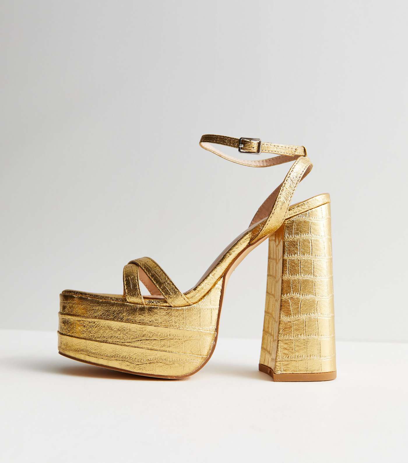 Gold Faux Croc Platform Block Heel Sandals
