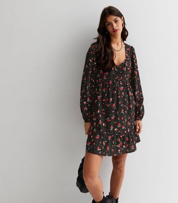 Black Floral V Neck Long Puff Sleeve Mini Dress