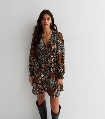 Black Ditsy Floral Long Sleeve Button Front Mini Dress New Look