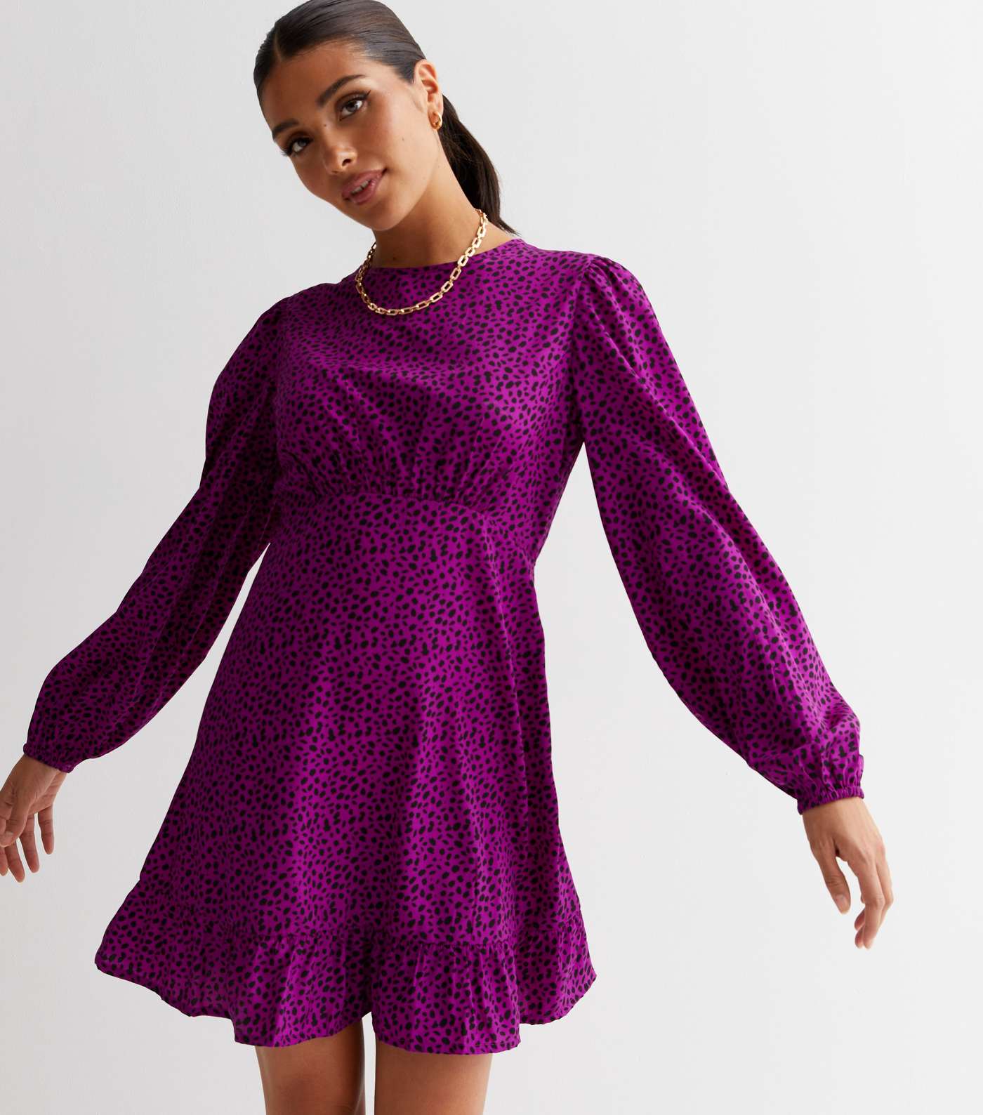 Purple Abstract Pattern Long Sleeve Ruffle Hem Mini Dress