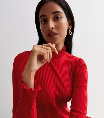 Red Ribbed Jersey High Neck Long Sleeve Mini Dress | New Look