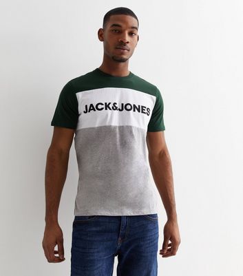 Men's Jack & Jones Dark Green Colour Block Logo T-Shirt New Look